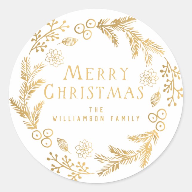 Personalised Christmas Envelope Seal, White & Gold Classic Round Sticker (Front)