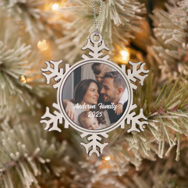 Personalised Christmas Family Custom Photo Text  Snowflake Pewter Christmas Ornament (Tree)