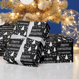 Personalised Christmas Family Name Black and White Wrapping Paper