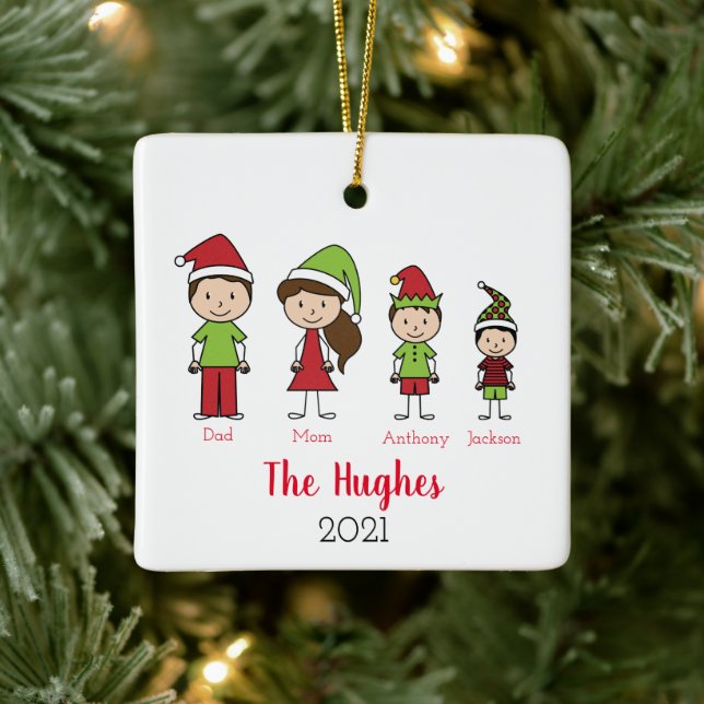 Personalised Christmas Family of 4 Ceramic Ornament (Tree)