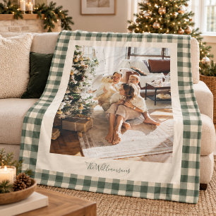 Personalised Christmas Family Photo Green Gingham Fleece Blanket