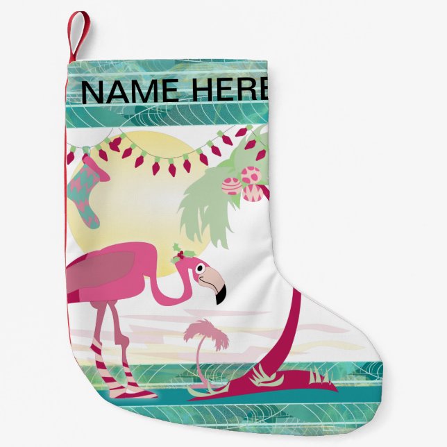 Personalised Christmas Flamingo Holiday Scene Small Christmas Stocking (Front)