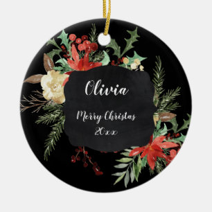 Personalised Christmas Floral Frame Black Ceramic Tree Decoration