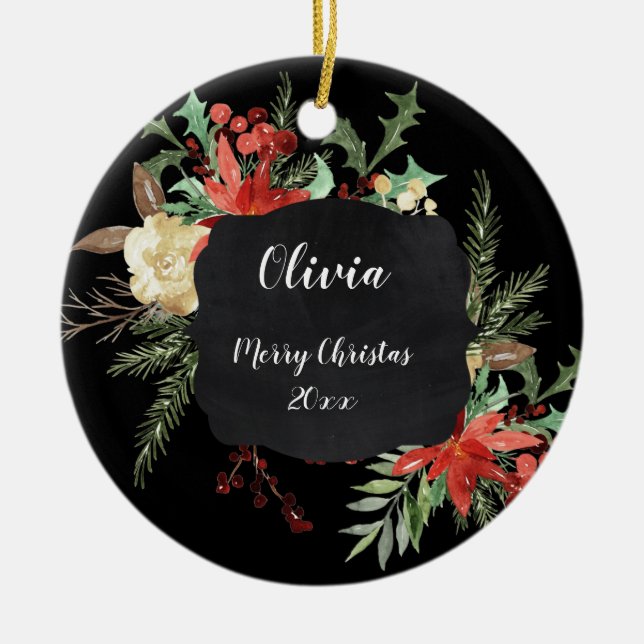 Personalised Christmas Floral Frame Black Ceramic Tree Decoration (Front)