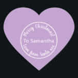 Personalised Christmas from Santa Purple Lilac Heart Sticker<br><div class="desc">Personalised Christmas design, - Cute typography design in trending purple / lilac with white stylish script typography. - It has the message “To Samantha Merry Christmas! Love from Santa xxx”. - To personalise, simply add your loved one's name by using the personalise this text box. Here you can also change...</div>