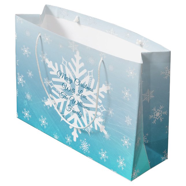 Personalised Christmas Gift Bags, blue Snowflakes Large Gift Bag (Back Angled)