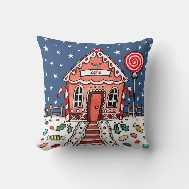 Personalised Christmas Gingerbread House Throw Cushion (Front)