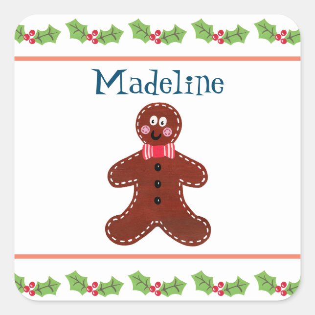 Personalised Christmas Gingerbread Man Square Stic Sticker (Front)