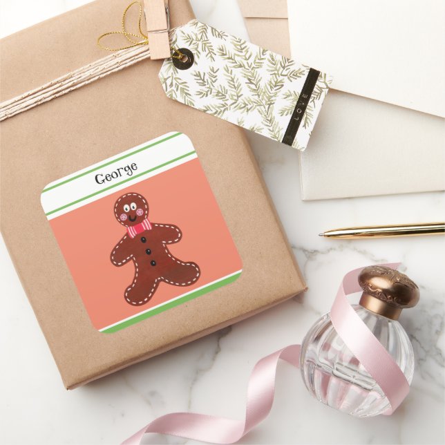 Personalised Christmas Gingerbread Man Square Sticker (Gifting)