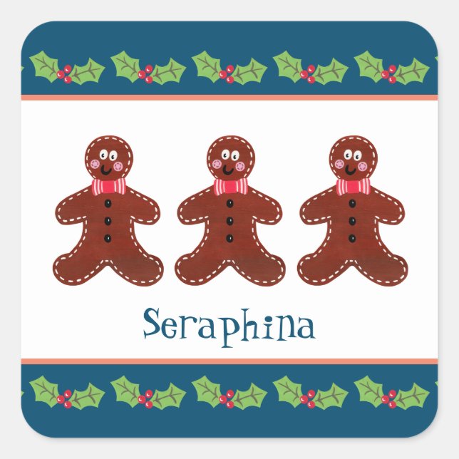 Personalised Christmas Gingerbread Man Square Sticker (Front)