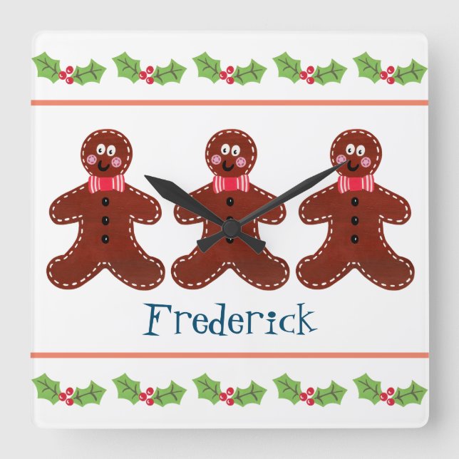 Personalised Christmas Gingerbread Man Square Wall Clock (Front)