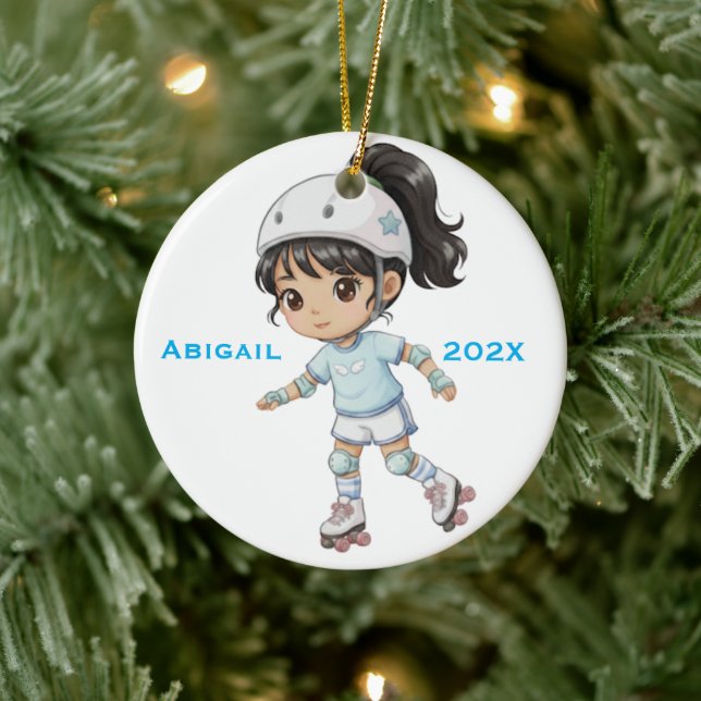 Personalised Christmas Girl Roller Skating Ceramic Tree Decoration (Tree)