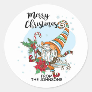 Personalised Christmas Gnome Candy Cane Classic Round Sticker