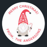 Personalised Christmas Gnome Classic Round Sticker<br><div class="desc">A cute Christmas gnome with a candy cane decorates this holiday sticker,  personalised it with your name. So fun for decorating your Christmas gifts. Designed for you by Blackberry Boulevard.</div>