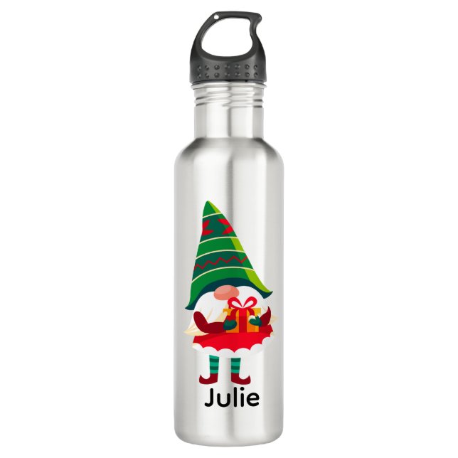Personalised Christmas Gnome Holding a Gift Box 710 Ml Water Bottle (Front)