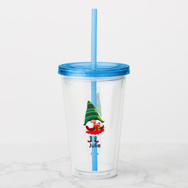 Personalised Christmas Gnome Holding a Gift Box Acrylic Tumbler (Front)