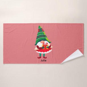 Personalised Christmas Gnome Holding a Gift Box Bath Towel