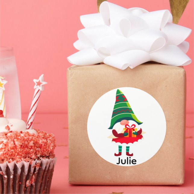 Personalised Christmas Gnome Holding a Gift Box Classic Round Sticker (Party)