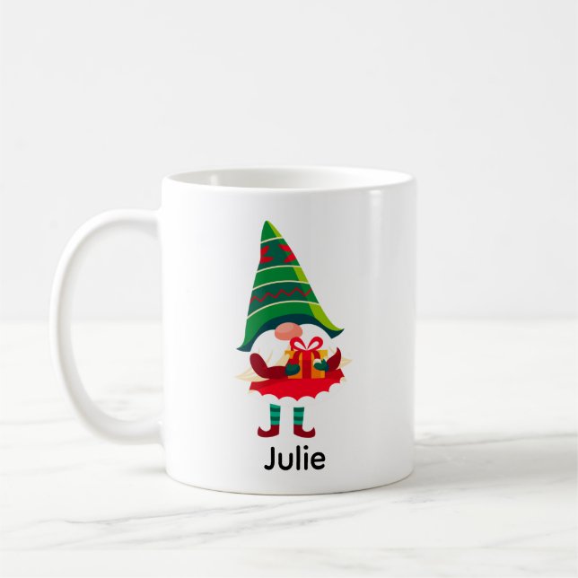 Personalised Christmas Gnome Holding a Gift Box Coffee Mug (Left)