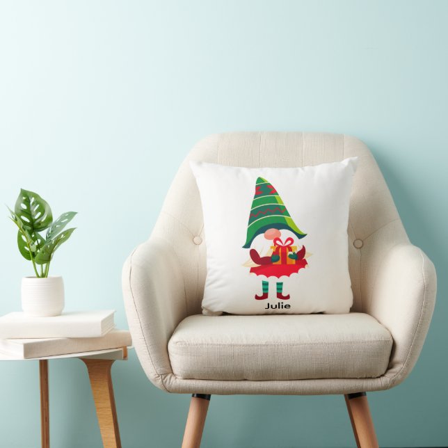 Personalised Christmas Gnome Holding a Gift Box Cushion (Chair)