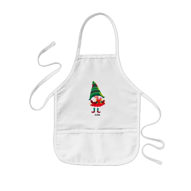 Personalised Christmas Gnome Holding a Gift Box Kids Apron (Front)
