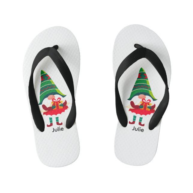 Personalised Christmas Gnome Holding a Gift Box Kid's Flip Flops (Footbed)