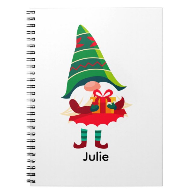 Personalised Christmas Gnome Holding a Gift Box Notebook (Front)