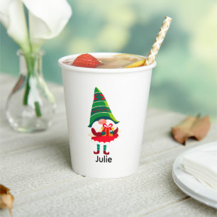 Personalised Christmas Gnome Holding a Gift Box Paper Cups