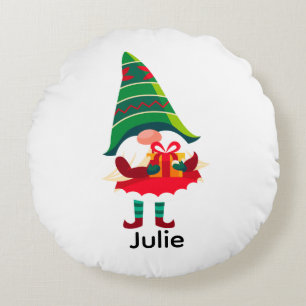 Personalised Christmas Gnome Holding a Gift Box Round Cushion