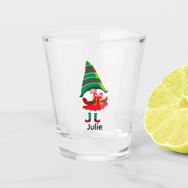 Personalised Christmas Gnome Holding a Gift Box Shot Glass (Front)
