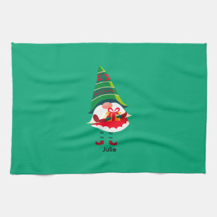 Personalised Christmas Gnome Holding a Gift Box Tea Towel