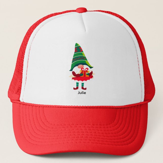 Personalised Christmas Gnome Holding a Gift Box Trucker Hat (Front)