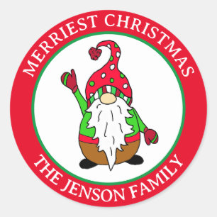 Personalised Christmas Gnome Merriest Christmas Classic Round Sticker
