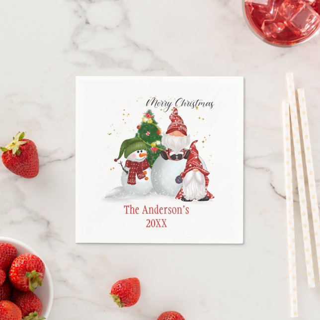 Personalised Christmas Gnomes Christmas Napkins (Insitu)