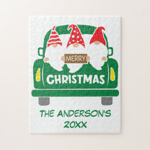 Personalised Christmas Gnomes in Truck Red Green Jigsaw Puzzle