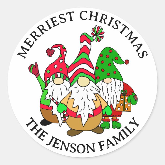 Personalised Christmas Gnomes Merriest Christmas   Classic Round Sticker (Front)
