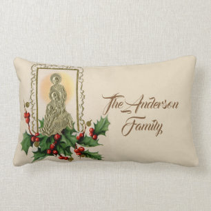 Personalised Christmas Gold Nativity Vintage Holly Lumbar Cushion