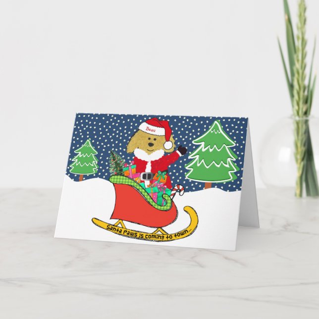 Personalised Christmas GoldenDoodle Santa Sleigh Holiday Card (Front)