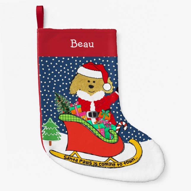 Personalised Christmas GoldenDoodle Santa Sleigh Small Christmas Stocking (Front)