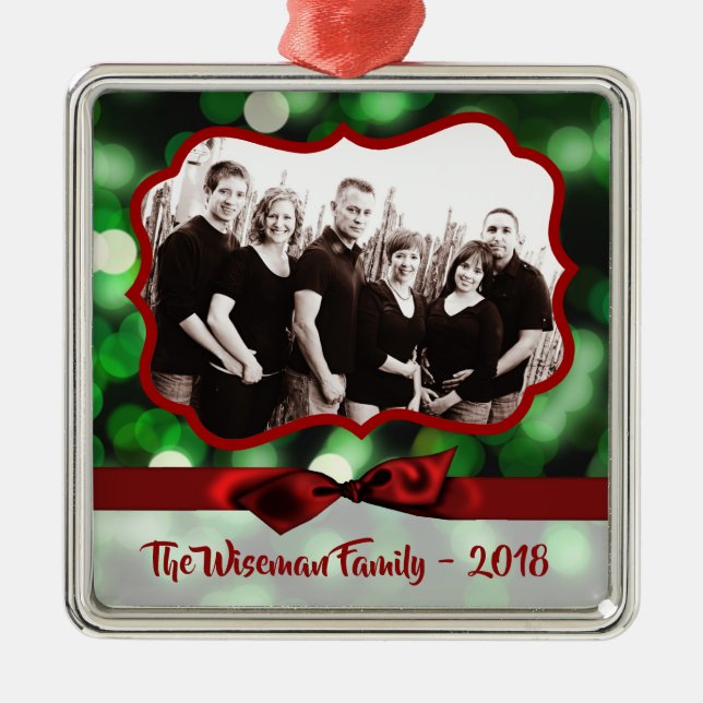 Personalised Christmas Green Bokeh PHOTO Ornament (Front)