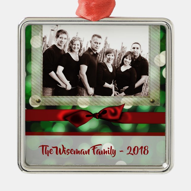 Personalised Christmas Green Bokeh PHOTO Ornament (Front)