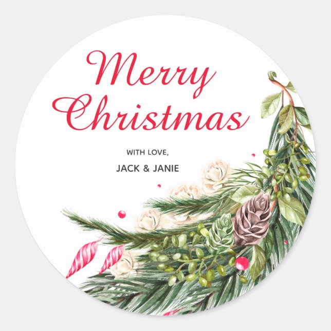 Personalised Christmas Greenery Classic Round Sticker (Front)