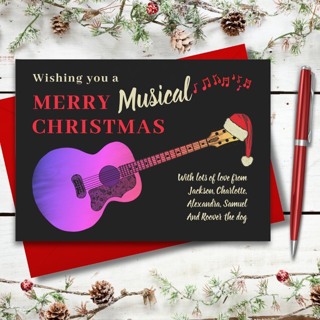 Personalised Christmas Guitar Holiday Card (Christmas pink acoustic guitar wearing a Santa hat black and gold custom holiday greetings card)
