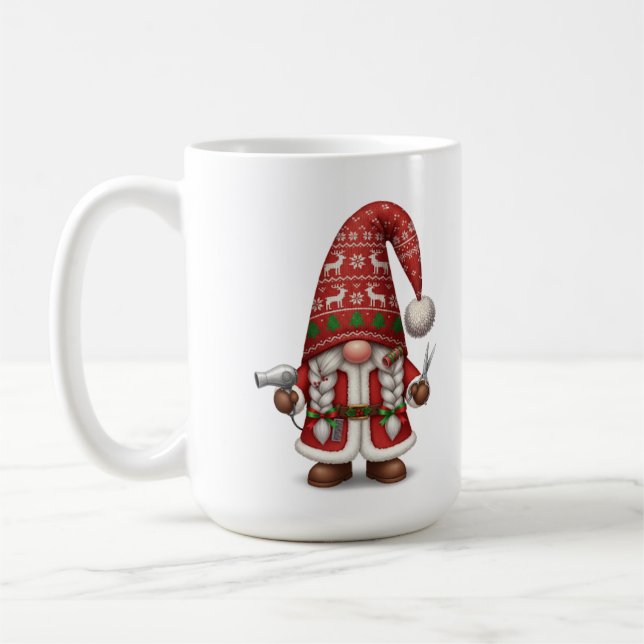 Personalised Christmas Hair Stylist Gnome Coffee Mug (Left)
