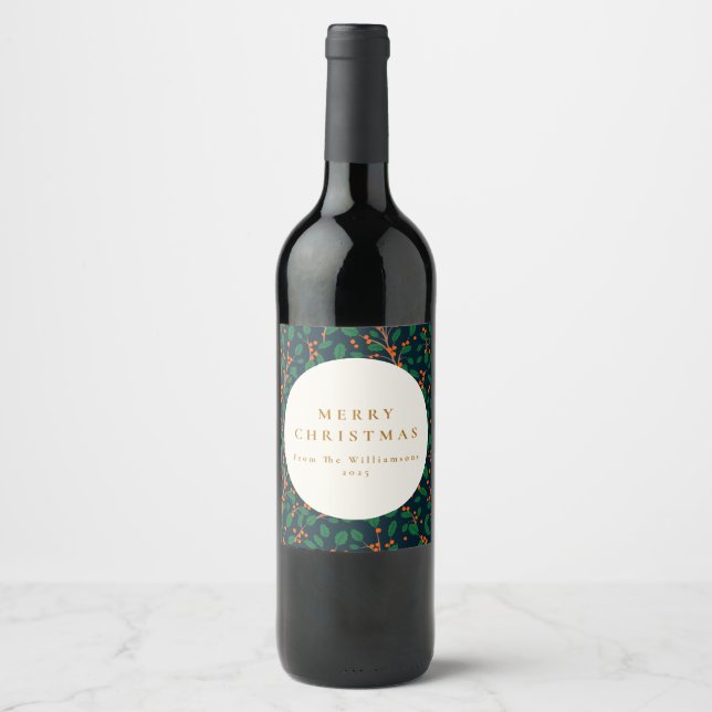 Personalised Christmas Holiday Festive Botanical Wine Label (Front)