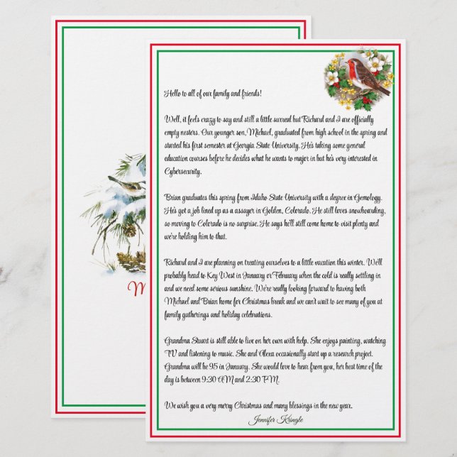 Personalised Christmas Holiday Newsletter Bird (Front/Back)