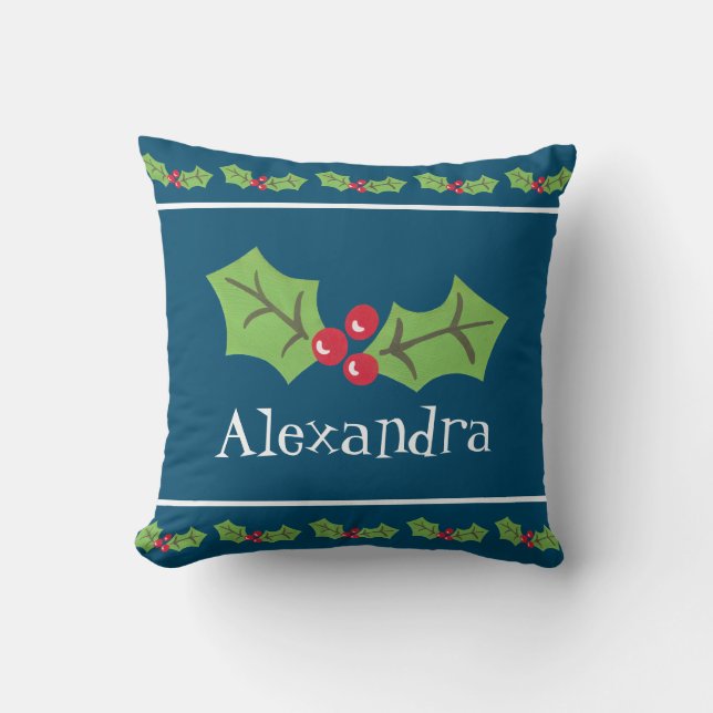 Personalised Christmas Holly & Berries Cushion (Front)
