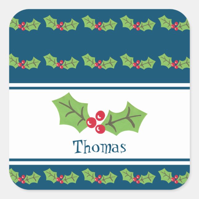 Personalised Christmas Holly & Berries Notebook Square Sticker (Front)