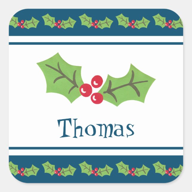 Personalised Christmas Holly & Berries Notebook Square Sticker (Front)