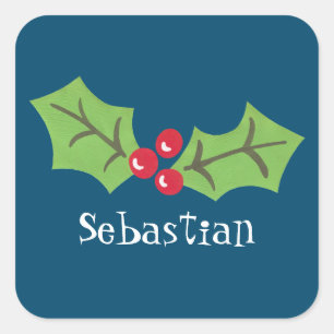 Personalised Christmas Holly & Berries  Square Sti Sticker